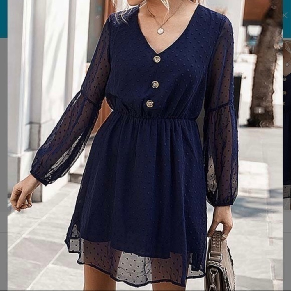 AMASOO Navy Swiss Dot Long Sleeve A-line Small